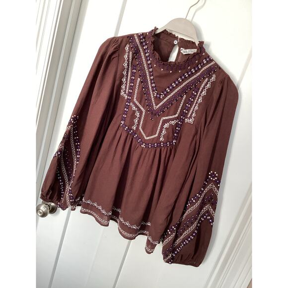 Zara Woman's Long Sleeve Beaded Embroidered Blouse Top Brown Size Small - Picture 3 of 14